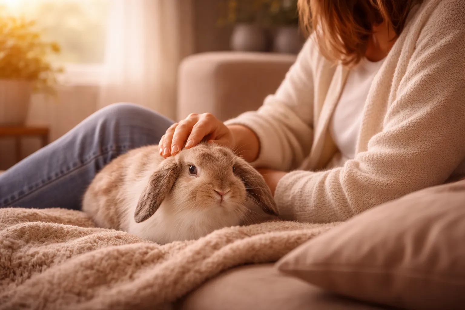A person tenderly holding their pet bunny