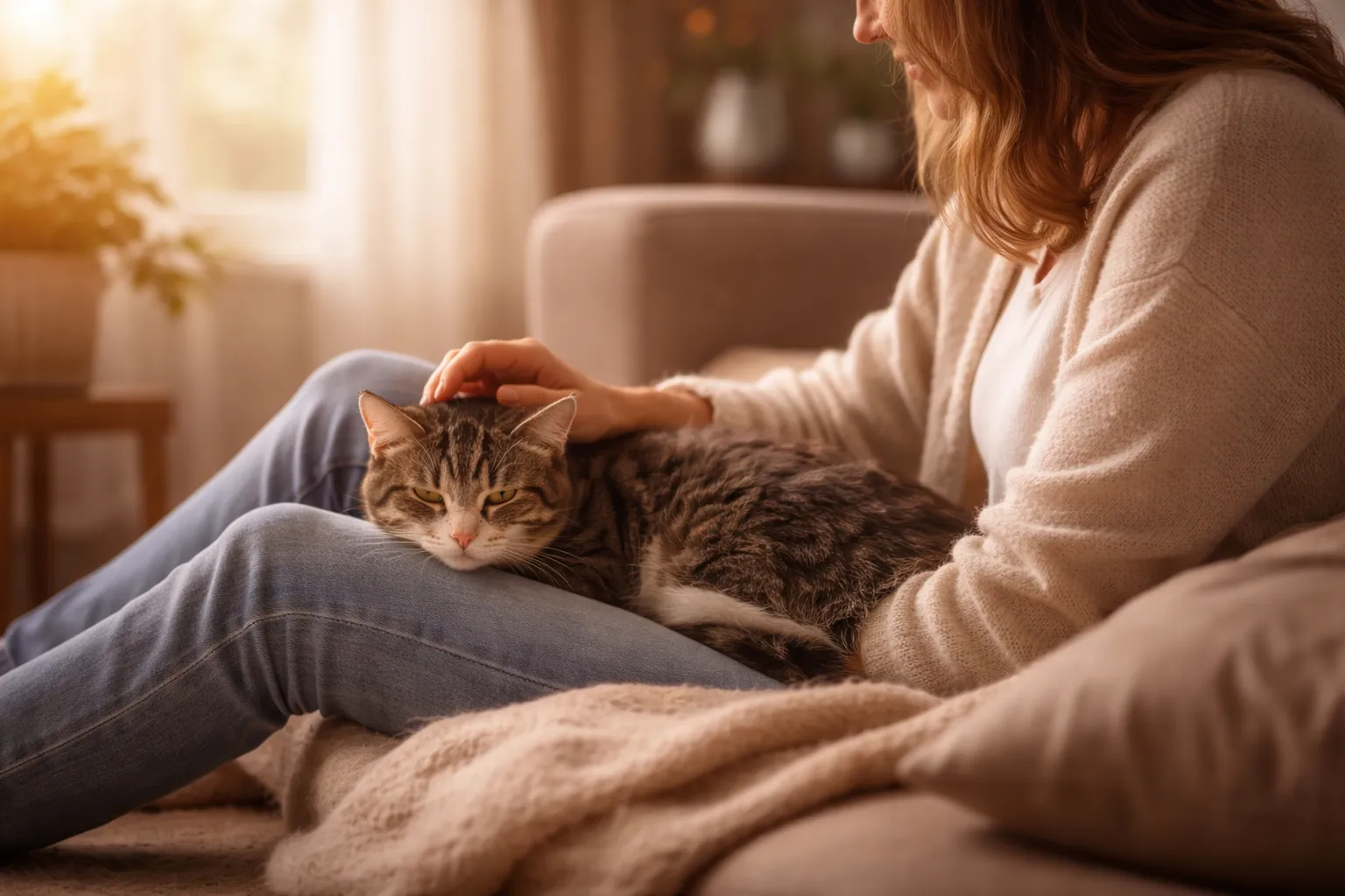 A person tenderly holding their cat