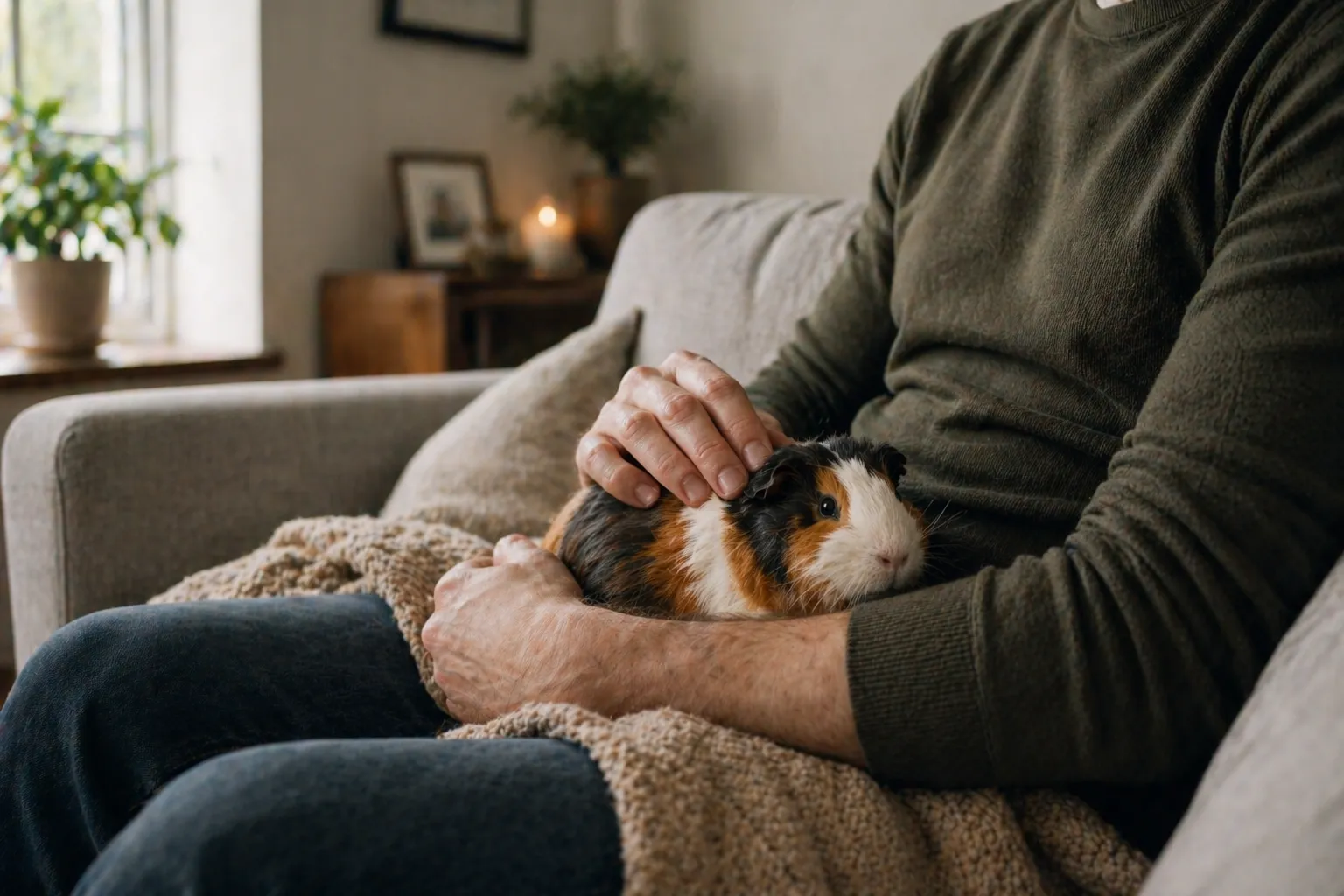 A person holding their guinea pig with care and love