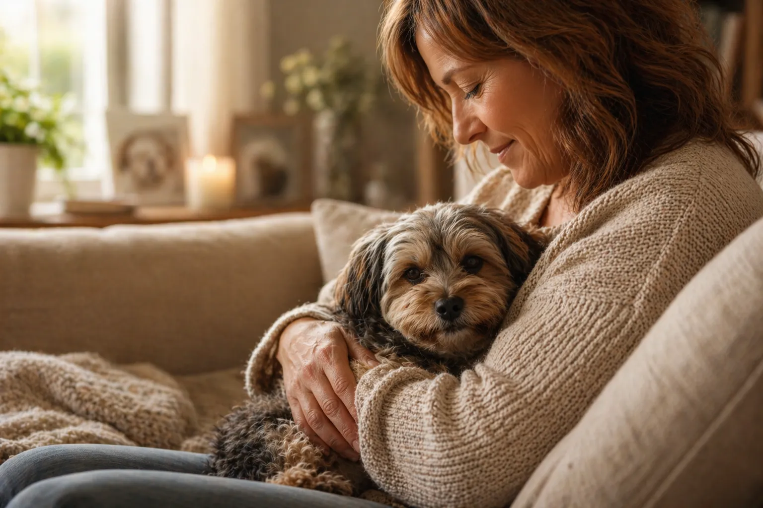 A person sitting quietly with their small dog at home